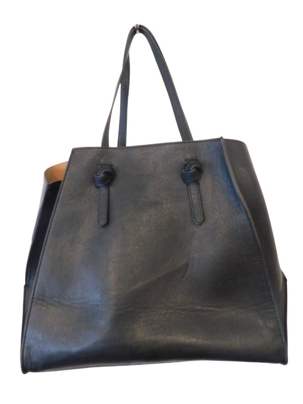 Zara Basic Black Faux Leather Tote Bag With Inner Pouch & Tan Lining
